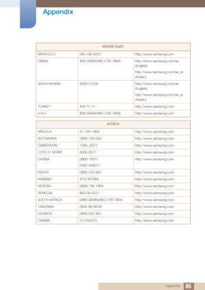 Page 8686
Appendix
 Appendix
MOROCCO 080 100 2255 http://www.samsung.com
OMAN 800-SAMSUNG (726-7864) http://www.samsung.com/ae 
(English)
http://www.samsung.com/ae_ar 
(Arabic)
SAUDI ARABIA 9200-21230 http://www.samsung.com/ae  (English)
http://www.samsung.com/ae_ar 
(Arabic)
TURKEY 444 77 11 http://www.samsung.com
U.A.E 800-SAMSUNG (726-7864) http://www.samsung.com
AFRICA
ANGOLA 91-726-7864 http://www.samsung.com
BOTSWANA 0800-726-000 http://www.samsung.com
CAMEROON 7095- 0077 http://www.samsung.com
COTE D’...