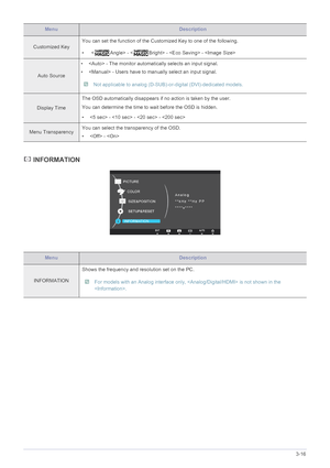 Page 51Using the product3-16
 INFORMATION
Customized KeyYou can set the function of the Customized Key to one of the following.
•  < Angle> - < Bright> -  - 
Auto Source•  - The monitor automatically selects an input signal.
•  - Users have to manually select an input signal. Not applicable to analog (D-SUB)-or-digital (DVI)-dedicated models. 
Display TimeThe OSD automatically disappears if no action is taken by the user.
You can determine the time to wait before the OSD is hidden.
•  -  -  - 
Menu...