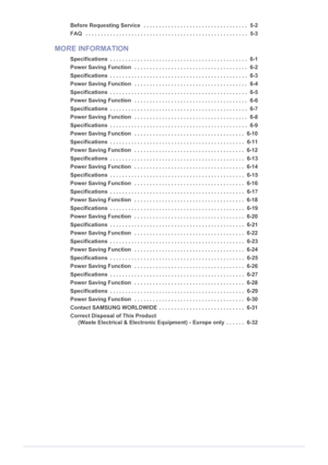 Page 3Before Requesting Service   . . . . . . . . . . . . . . . . . . . . . . . . . . . . . . . . . .  5-2
FAQ   . . . . . . . . . . . . . . . . . . . . . . . . . . . . . . . . . . . . . . . . . . . . . . . . . . . . .  5-3
MORE INFORMATION
Specifications  . . . . . . . . . . .  . . . . . . . . . . . . . . . . . . . . . . . . . . . . . . . . . .  6-1
Power Saving Function   . . . . . . . . . . . . . .  . . . . . . . . . . . . . . . . . . . . . . .  6-2
Specifications  . . . . . . . . . . .  . . . . . . . . . ....