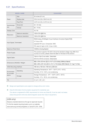 Page 886-21More Information
6-21 Specifications
 Design and specifications are subject to change without prior notice.  Class B (Information Communication equipment for residential use)
This device is registered for EMC requirements for home use (Class B) . It can be used in all areas. 
(Class B equipment emits less electrom agnetic waves than Class A equipment.)
 
MODEL NAMES24A450BW
Panel
Size24 inches (61 cm)
Display area 518.4 mm (H) x 324.0 mm (V)
Pixel Pitch0.270 mm (H) x 0.270 mm (V)
Synchroniza-...