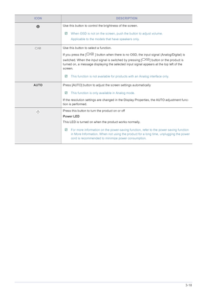Page 47Using the product3-18
Use this button to control the brightness of the screen. 
 When OSD is not on the screen, push the button to adjust volume.
Applicable to the models that have speakers only.
 
Use this button to select a function.
If you press the [  ] button when there is no  OSD, the input signal (Analog/Digital) is 
switched. When the input signal is switched  by pressing [ ] button or the product is 
turned on, a message displaying the selected  input signal appears at the top left of the...