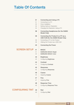 Page 15Table Of Contents
Table Of Contents15
31 Connecting and Using a PC
31 Connecting to a PC
33 Driver Installation
34 Setting Optimum Resolution
35 Changing the Resolution Using a PC
38 Connecting Headphones (for the SA850 
Model Only)
39 Connecting the Product to a PC as a  USB HUB (for the SA850 Model Only)
39 Connecting a PC to the Product
39 Utilizing the Product as a USB HUB
40 Connecting the Power
SCREEN SETUP41 MAGIC
41 SAMSUNG MAGIC Bright
42 SAMSUNG MAGIC Color
43 Brightness
43 Configuring...