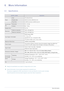 Page 486-1More Information
6 More Information
6-1 Specifications
 Design and specifications are subject to change without prior notice.  Class B (Information Communication equipment for residential use)
This device is registered for EMC requirements for home use (Class B) . It can be used in all areas. 
(Class B equipment emits less electrom agnetic waves than Class A equipment.)
 
MODEL NAMES20A550H
Panel
Size20 inches (50 cm)
Display area 442.8 mm (H) x 249.08 mm (V)
Pixel Pitch0.27675 mm (H) x 0.27675 mm...