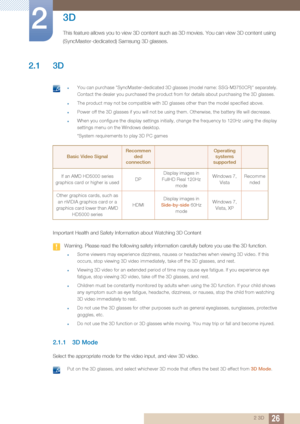 Page 26262 3D
2 
3D
This feature allows you to view 3D content such as 3D movies. You can view 3D content using 
(SyncMaster-dedicated) Samsung 3D glasses.
2.1 3D
 zYou can purchase "SyncMaster-dedicated 3D glasses (model name: SSG-M3750CR)" separately. 
Contact the dealer you purchased the product  from for details about purchasing the 3D glasses.
zThe product may not be compatible with 3D glasses other than the model specified above.
zPower off the 3D glasses if you will not be using them. Otherwise,...