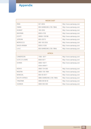 Page 8383
Appendix
 Appendix
MIDDlE EAST
IRAN 021-8255 http://www.samsung.com
OMAN 800-SAMSUNG (726-7864) http://www.samsung.com
KUWAIT 183-2255 http://www.samsung.com
BAHRAIN 8000-4726 http://www.samsung.com
EGYPT 08000-726786 http://www.samsung.com
JORDAN 800-22273 http://www.samsung.com
MOROCCO 080 100 2255 http://www.samsung.com
SAUDI ARABIA 9200-21230 http://www.samsung.com
U.A.E 800-SAMSUNG (726-7864) http://www.samsung.com
AFRICA
CAMEROON 7095- 0077 http://www.samsung.com
COTE D'LVOIRE 8000 0077...