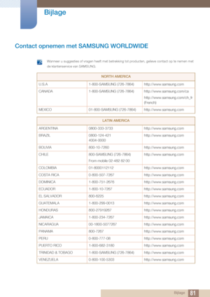 Page 8181 Bijlage
 
Bijlage
Contact opnemen met SAMSUNG WORLDWIDE
 Wanneer u suggesties of vragen heeft met betrekking tot producten, gelieve contact op te nemen met 
de klantenservice van SAMSUNG.
 
NORTH AMERICA
U.S.A 1-800-SAMSUNG (726-7864) http://www.samsung.com
CANADA 1-800-SAMSUNG (726-7864) http://www.samsung.com/ca
http://www.samsung.com/ch_fr 
(French)
MEXICO 01-800-SAMSUNG (726-7864) http://www.samsung.com
LATIN AMERICA
ARGENTINA 0800-333-3733 http://www.samsung.com
BRAZIL 0800-124-421 4004-0000...