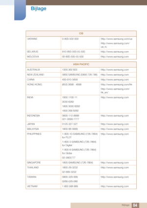 Page 8484
Bijlage
 Bijlage
UKRAINE
0-800-502-000 http://www.samsung.com/ua 
http://www.samsung.com/
ua_ru
BELARUS 810-800-500-55-500 http://www.samsung.com
MOLDOVA 00-800-500-55-500 http://www.samsung.com
ASIA PACIFIC
AUSTRALIA 1300 362 603  http://www.samsung.com
NEW ZEALAND 0800 SAMSUNG (0800 726 786) http://www.samsung.com
CHINA 400-810-5858 http://www.samsung.com
HONG KONG (852) 3698 - 4698 http://www.samsung.com/hk
http://www.samsung.com/
hk_en/
INDIA 1800 1100 11
3030 8282
1800 3000 8282
1800 266 8282...