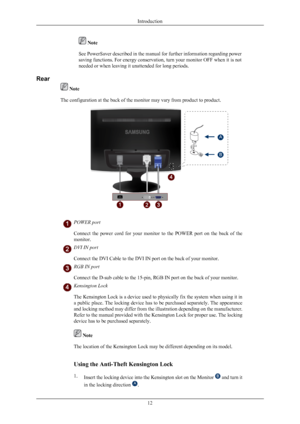 Page 13 Note
See  PowerSaver 
described in the manual for further information regarding power
saving functions. For energy conservation, turn your monitor OFF when it is not
needed or when leaving it unattended for long periods.
Rear  Note
The configuration at the back of the monitor may vary from product to product. POWER port
Connect 
the 

power  cord  for  your  monitor  to  the  POWER  port  on  the  back  of  the
monitor. DVI IN port
Connect the DVI Cable to the DVI IN port on the back of your monitor....