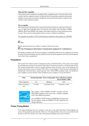 Page 72Plug and Play Capability
This monitor can be installed on any Plug & Play compatible system. The interaction of the
monitor 
and 
the computer systems will provide the best operating conditions and monitor
settings. In most cases, the monitor installation will proceed automatically, unless the user
wishes to select alternate settings.
Dot Acceptable TFT-LCD panels manufactured by using advanced semiconductor technology with preci-
sion 
of 

1ppm  (one  millionth)  above  are  used  for  this  product....