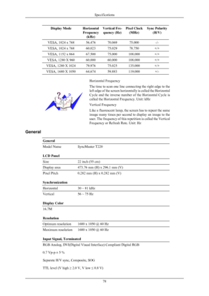 Page 79Display Mode Horizontal
Frequency (kHz) Vertical Fre-
quency (Hz) Pixel Clock
(MHz) Sync Polarity
(H/V) VESA, 1024 x 768 56.476 70.069 75.000 -/-
VESA, 1024 x 768 60.023 75.029 78.750 +/+
VESA, 1152 x 864 67.500 75.000 108.000 +/+
VESA, 1280 X 960 60.000 60.000 108.000 +/+
VESA, 1280 X 1024 79.976 75.025 135.000 +/+
VESA, 1680 X 1050 64.674 59.883 119.000 +/-
Horizontal Frequency
The time to scan one line connecting the right edge to the
left edge 
of the screen horizontally is called the Horizontal...