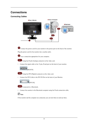 Page 15Connections
Connecting Cables
 Connect the power cord for your monitor to the power port on the back of the monitor.
Plug the power cord for the monitor into a nearby outlet.  Use a connection appropriate for your computer.
 Using the D-sub (Analog) connector on the video card.
• Connect the signal cable to the 15-pin, D-sub port on the back of your monitor. [RGB IN]
 Using the DVI (Digital) connector on the video card.
• Connect the DVI Cable to the DVI IN Port on the back of your Monitor. [DVI IN]...