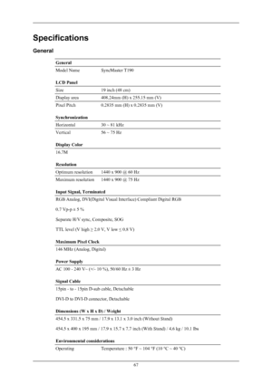 Page 68Specifications
General
General
Model Name SyncMaster T190
LCD Panel
Size
19 inch (48 cm)
Display area 408.24mm (H) x 255.15 mm (V)
Pixel Pitch
0.2835 mm (H) x 0.2835 mm (V)
Synchronization
Horizontal 30 ~ 81 kHz
Vertical
56 ~ 75 Hz
Display Color 16.7M
Resolution
Optimum resolution
1440 x 900 @ 60 Hz
Maximum resolution 1440 x 900 @ 75 Hz
Input Signal, Terminated
RGB Analog, DVI(Digital Visual Interface) Compliant Digital RGB
0.7 Vp-p ± 5 %
Separate H/V sync, Composite, SOG
TTL level (V high 
≥ 2.0 V, V...
