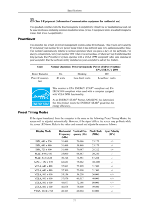 Page 78 Class B Equipment (Information Communication equipment for residential use)
This  product 
complies with the Electromagnetic Compatibility Directives for residential use and can
be used in all areas including common residential areas. (Class B equipment emits less electromagnetic
waves than Class A equipment.)
PowerSaver This monitor has a built-in power management system called PowerSaver. This system saves energy
by switching your monitor to low-power mode when it has not been used for a certain...