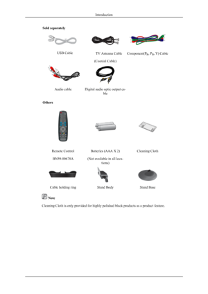 Page 11Sold separately  TV Antenna Cable

(Coaxial Cable)Component(P R, P
B, Y) Cable
Audio cableDigital audio optic output ca-
ble
Others
Remote Control
BN59-00678ABatteries (AAA X 2)
(Not available in all loca- tions)Cleaning Cloth
Cable holding ringStand BodyStand Base
 Note
Cleaning Cloth is only provided for highly polished black products as a product feature.
Introduction USB Cable
 