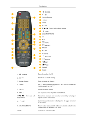 Page 17 POWER
 TV
Number Buttons
- button
+ VOL -
TOOLS
 Down-Up Left-Right buttons
 INFO
COLOR BUTTONS
CC
MTS
 MENU
 SOURCE
PRE-CH
 CH
 MUTE
 RETURN
 ENTER
 EXIT
 SRS
FAV.CH
 P.SIZE
1.  POWERTurns the product On/Off.
2. 
 TV Selects the TV mode directly.
3. Number Buttons Press to change the channel.
4. - button The "-" button operates only for DTV. It is used to select MMS
(multi-channel) for a DTV.
5. + VOL - Adjusts the audio volume.
6. TOOLS Use to quickly select frequently used functions.
7....