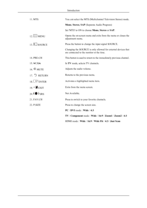 Page 1811. MTS You can select the MTS (Multichannel Television Stereo) mode.Mono, Stereo , SAP  (Separate Audio Program)
Set 'MTS' to ON to choose  Mono, Stereo  or SAP .
12. 
 MENU Opens the on-screen menu and exits from the menu or closes the
adjustment menu.
13. 
 SOURCE Press the button to change the input signal SOURCE.
Changing the SOURCE is only allowed for external devices that
are connected to the monitor at the time.
14. PRE-CH This button is used to return to the immediately previous...