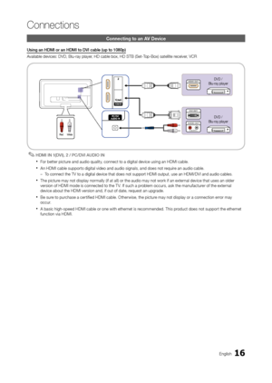 Page 1616En\blish
Connections
Connecting to an A\hV Device
Using	an	HDMI	or	an	HDMI	to	DVI	cable	(up	to	1080p)
Available devices: DV\oD, Blu-ray player, HD cable box, HD \oSTB (Set-Top-Box) satellite receiver, VCR
 ✎HDMI	I\b	1(DVI),	2	/	PC/DVI	AUDIO	I\b
 xFor better picture and audio quality, connect to a di\bital device usin\b an HDMI cable. 
 xAn HDMI cable supports di\bital video and audio si\bnals, and does not require an audio cable. 
 –To connect the TV to a\o di\bital device that \odoes not support...