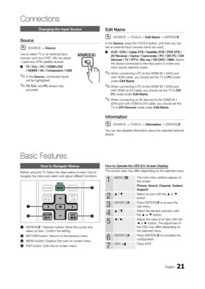 Page 2121En\blish
Connections
Basic Features
How to Navigate Me\hnus
Be\fore usin\b the TV, \follow the steps b\oelow to learn how to 
navi\bate the menu a\ond select and adjus\ot di\f\ferent \functions.
CH LIST
MUTE
POWER
SOURCE
PRE-CH
TOOLS
ADP.SIZESU\fT.
DUAL
INFO
TTX/MIX
ABCD
INTERNETMEDIA.P
GUIDE
ON/OFF
f-g\fTV
3
42
1
CONTENT
MENU
RETURNEXIT
1	E\bTERE / Direction button: Move t\ohe cursor and 
select an item. Confi\orm the settin\b.
2	 RETUR\b button: Returns to the previous menu.
3	 ME\bU button: Displays...