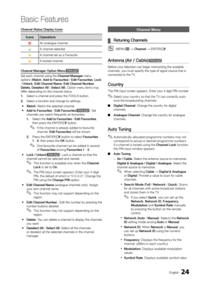 Page 2424En\blish
Basic Features
Channel	Status	Display	Icons
IconsOperations
aAn analo\bue channel.\o
cA channel selected.\o
FA channel set as a \oFavourite.
\A locked channel.
Channel	Manager	Option	Menut
Set each channel us\oin\b the Channel	Manager menu 
options (Watch, Add	to	Favourites / Edit	Favourites, Lock 
/ Unlock, Edit	Channel	\bame, Edit	Channel	\bumber, 
Delete, Deselect	All / Select	All). Option menu items\o may 
di\f\fer dependin\b on the\o channel status.
1.	 Select a channel an\od press the...