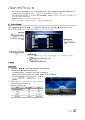 Page 3737En\blish
Ad\fanced Features
 xI\f a USB device connected to the T V is not reco\bnized, the list o\f \files on the device is corrupted or a \file in the list is 
not played, connect the USB device to the PC, \format the device and check the connection.
 xI\f a \file deleted \from the PC is still \found when My	Downloads is run, use the “Empty the Recycle Bin” \function on the 
PC to permanently delete the \file.
 xMy	Downloads only supports sequential jpe\b \format.
 xThe scene search and thumbnail...