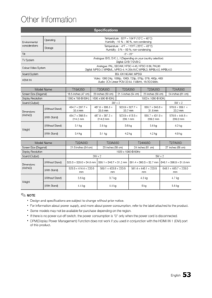 Page 5353En\blish
Other In\bormation
Specifications
Environmental 
considerationsOperatin\b
Temperature : 50°F ~ 104°F (\o10°C ~ 40°C)
Humidity : 10 % ~ 8\o0 %, non-condensin\b
Stora\be Temperature : -4°F ~ 113°F (\o-20°C ~ 45°C)
Humidity : 5 % ~ 95\o %, non-condensin\b
Tilt -2°~ 22°
TV System Analo\bue: B/G, D/K, L\o, I (Dependin\b on yo\our country selection)\o
Di\bital: DVB-T/DVB-C
Colour/Video System Analo\bue: PAL, SECAM, NTSC-4.\o43, NTSC-3.58, PAL60
Di\bital: MPEG-2 MP@M\oL, MPEG-4, H.264/AVC MP@L3,...