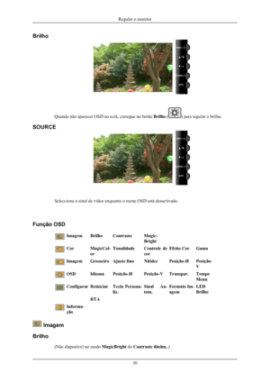 Page 31Brilho
Quando não aparecer OSD no ecrã, carregue no botão Brilho () para regular o brilho.
SOURCE
Selecciona o sinal de vídeo enquanto o menu OSD está desactivado.
Função OSD
ImagemBrilhoContrasteMagic-
Bright
CorMagicCol-
orTonalidadeControle  de
corEfeito CorGama
ImagemGrosseiroAjuste finoNitidezPosição-HPosição-
V
OSDIdiomaPosição-HPosição-VTranspar.Tempo
Menu
ConfigurarReiniciarTecla  Persona-
liz.Sinal  Au-
tom.Formato Im-
agemLED
Brilho
  RTA
Informa-
ção
  Imagem
Brilho (Não disponível no modo...