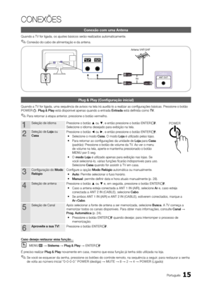 Page 1515Português
CONEXÕES
Conexão com uma Antena
Quando a TV for ligada, os ajustes básicos serão realizados automaticamente.
 
✎Conexão do cabo de alimentação e da antena. 
Plug & Play (Configuração inicial)
Quando a TV for ligada, uma sequência de avisos na tela irá auxili\
á-lo a realizar as configurações básicas. Pressione o botão 
POWERP. Plug & Play está disponível apenas quando a entrada Entrada está definida como TV.
 
✎Para retornar à etapa anterior, pressione o botão vermelho.
1Seleção de idioma...