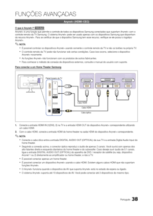 Page 3838Português
FUNÇÕES AVANÇADAS
Anynet+ (HDMI-CEC)
O que é Anynet+? t
Anynet+ é uma função que permite o controle de todos os dispositivos Samsung conectados que suportam Anynet+ com\
 o 
controle remoto da TV Samsung. O sistema Anynet+ pode ser usado apenas com os disp\
ositivos Samsung que disponham 
do recurso Anynet+. Para se certificar de que o dispositivo Samsung tem es\
se recurso, verifique se ele possui o logotipo 
Anynet+.
 
✎NOTA
 
xÉ possível controlar os dispositivos Anynet+ usando somente o...