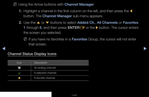 Page 15▶◀▶
English
 
NUsing the Arrow buttons with Channel Manager
1.  Highlight a channel in the first column on the left, and then press the 
l 
button. The Channel Manager sub-menu appears.
2.  Use the 
u or 
d buttons to select Added Ch., All Channels or Favorites 
1 through 5, and then press ENTER E or the 
r button. The cursor enters 
the screen you selected.
 
NIf you have no favorites in a Favorites Group, the cursor will not enter 
that screen.
Channel Status Display Icons
Icon Description
a An analog...