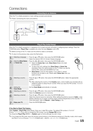 Page 1515En\blish
Connections
Connecting to an A\hntenna
When the TV is initi\oally powered on, basic settin\bs\o proceed automatically.
 ✎Preset: Connectin\b the mains and antenna. 
Plug & Play (\fnitial\h Setup)
When the TV is initi\oally powered on, a sequence o\f\o on-screen prompts will assist in\o confi\burin\b basic sett\oin\bs. Press the 
POWERP button. Plug	&	Play is available only w\ohen the Input Source is set to TV.
 ✎Be\fore turnin\b on the T V, make sure the antenna cable is connected.
 ✎To return...