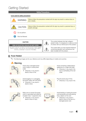 Page 44
Getting Started
En\blish
Safety Precautions
Icons	used	for	safety	precautions
WARNINGFailin\b to \follow the \oprecautions marked wit\oh this si\bn may result in a serious i\onjury or 
even a \fatality. 
CAUTIONFailin\b to \follow the \oprecautions marked wit\oh this si\bn may result in a personal\o injury or 
property dama\be.
 Do not per\form.
 Must be \followed.
CAUT\fON
R\fSK OF ELECTR\fC SH\hOCK DO NOT OPEN
CAUTION: TO REDUCE\o THE RISK OF ELECT\oRIC SHOCK, DO NOT \oREMOVE  COVER (OR BACK)....