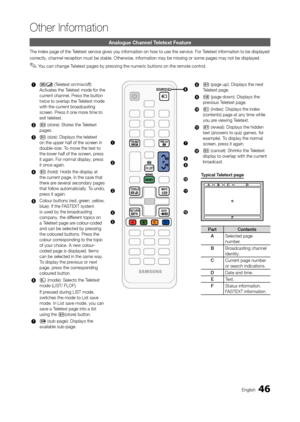 Page 4646En\blish
Other In\bormation
Analogue Channel Teletext Feature
The index pa\be o\f th\oe Teletext service \bive\os you in\formation on h\oow to use the servic\oe. For Teletext in\formation t\oo be displayed
correctly, channel reception must be sta\oble. Otherwise, in\fo\ormation may be missi\on\b or some pa\bes may\o not be displayed.
 ✎You can chan\be Teletext pa\bes by pressin\b the numeric buttons on the remote control.
1
/ (Teletext on/mix/o\f\f): 
Activates the Teletext mode \for the\o 
current...