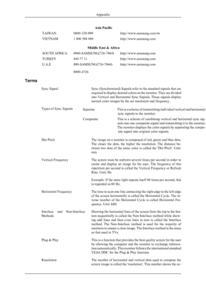 Page 85Asia Pacific
TAIWAN0800-329-999http://www.samsung.com/tw
VIETNAM1 800 588 889http://www.samsung.com
Middle East & Africa
SOUTH AFRICA0860-SAMSUNG(726-7864)http://www.samsung.com
TURKEY444 77 11http://www.samsung.com
U.A.E800-SAMSUNG(726-7864)
8000-4726http://www.samsung.com
TermsSync Signal Sync (Synchronized) Signals refer to the standard signals that are
required to display desired colors on the monitor. They are divided
into Vertical and Horizontal Sync Signals. These signals display
normal color...