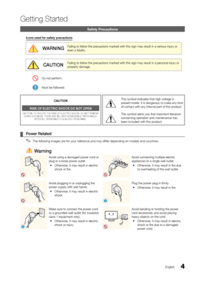 Page 44
Getting Started
English
Safety Precautions
Icons used for safety precautions
WarNINGFailing to follow the precautions marked with this sign may result in a serious injury or 
even a fatality. 
CauTIONFailing to follow the precautions marked with this sign may result in a personal injury or 
property damage.
 Do not perform.
 Must be followed.
CAUTION
RISK OF ELECTRIC SHOCK DO NOT OPEN
CAUTION: TO REDUCE THE RISK OF ELECTRIC SHOCK, DO NOT REMOVE  COVER (OR BACK). THERE ARE NO USER SERVICEABLE PARTS...