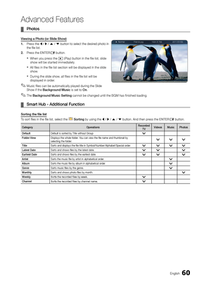 Page 6060English
Advanced Features
 ¦Photos
Viewing a Photo (or Slide Show)
1. 
 
Pr
 ess the 
l / r / u / d button to select the desired photo in 
the file list.
2.
 
Pr

ess the ENTE
r
E button.
 xWhen you press the � (Play) button in the file list, slide 
show will be started immediately.
 xAll files in the file list section will be displayed in the slide 
show.
 xDuring the slide show, all files in the file list will be 
displayed in order.
 ✎Music files can be automatically played during the Slide 
Show if...