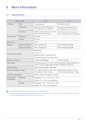 Page 52More Information6-1
6 More Information
6-1 Specifications
 Class B (Information Communication equipment for residential use)
This device has been registered regarding EMI for home use (Class B). It may be used in all areas. (Class B equipment 
emits less electromagnetic waves than Class A equipment.)
 
MODEL NAMETC190TC240
LCD PanelSize 19 inches (48 cm) 23.6 inches (59 cm)
Display area
376.32 mm (H) X 301.056 mm (V) / 
14.8 inches (H) X 11.9 inches (V) 521.28 mm (H) X 293.22 mm (V)
 / 
20.5 inches (H) X...
