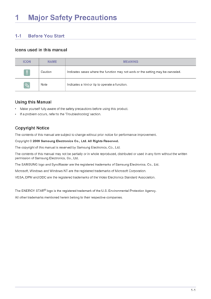 Page 4Major Safety Precautions1-1
1 Major Safety Precautions
1-1 Before You Start
Icons used in this manual
Using this Manual
• Make yourself fully aware of the safety precautions before using this product.
• If a problem occurs, refer to the Troubleshooting section.
Copyright Notice
The contents of this manual are subject to cha nge without prior notice for performance improvement.
Copyright ©  2009 Samsung Electronics Co., Ltd. All Rights Reserved.
The copyright of this manual is reserved by Samsung...