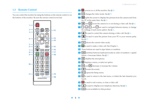 Page 71.3 Remote Control
1.3 Remote Control
You can control the monitor by using the buttons on the remote control or on
the bottom of the monitor. Be sure the remote control is not lost. ...
1 powers on or off the monitor. See § 2.8 .
...
2 changes the video mode. See § 2.5 .
...
3
splits the screen to display the pictures from the camera and from
the PC at the same time. See §
4.3 .
...
4 and zoom the camera in or out during a video call. See § 4.6 .
...
5
, , , and are used to navigate between menus, or...