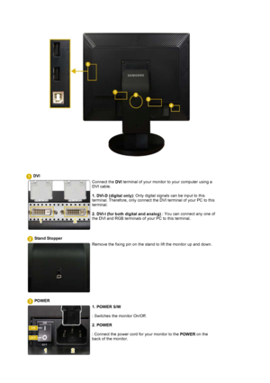 Page 13 
  
 
 DVI
  Connect the  DVI terminal of your monitor to your computer using a 
DVI cable. 
 
1. DVI-D (digital only) : Only digital signals can be input to this 
terminal. Therefore, only connect the DVI terminal of your PC to this 
terminal. 
 
2. DVI-I (for both digital and analog) : You can connect any one of 
the DVI and RGB terminals of  your PC to this terminal. 
  
   Stand Stopper
  Remove the fixing pin on the stand to lift the monitor up and down. 
 
  
   POWER 
  1. POWER S/W  
 
:...