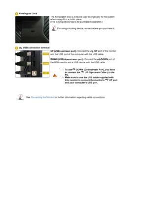 Page 14 
 
  
  
  
  
   
 Kensington Lock
  The Kensington lock is  a device used to physically fix the system 
when using dit in a public place. 
(The locking device has to  be purchased separately.) 
 
For using a locking device, contact where you purchase it.
     
     USB connection terminal  
  
UP (USB upstream port):  Connect the 
 UP port of the monitor 
and the USB port of the computer with the USB cable. 
 
DOWN (USB downstream port):  Connect the 
DOWN port of 
the USB monitor and a USB device...