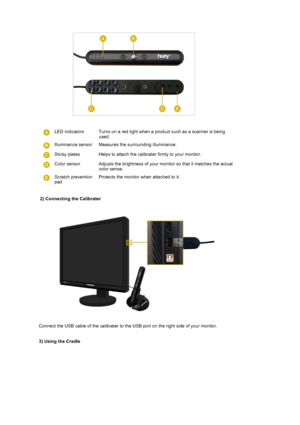 Page 16 LED indicators Turns on a red light when a product such as a scanner is being used.
 
Illuminance sensor Measures the surrounding illuminance. 
 
Sticky plates Helps to at tach the calibrater firmly to your monitor. 
 
Color sensor Adjusts the bright ness of your monitor so that it matches the actual 
color sense.
 
Scratch prevention 
pad Protects the monitor when attached to it. 
  
  
   2
) Connecting the Calibrater 
 
   
  
  Connect the USB cable of the calibrater to the USB port on the right...