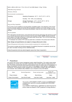 Page 67448.0 x 390.8 x 220.0 mm / 17.6 x 15.4 x 8.7 inch (With Stand), 7.2 Kg / 15.9 lbs
VESA Mounting Interface
100 mm x 100 mm 
Environmental considerations
Operating Operating Temperature : 50 °F ~ 104 °F (10 °C ~ 40 °C)   
Humidity : 10% ~ 80%, non-condensing 
Storage Storage Temperature : -4 °F ~ 113 °F (-20 °C ~ 45 °C)   Humidity : 5% ~ 95%, non-condensing 
Plug and Play Capability
This monitor can be inst alled on any Plug & Play  compatible system. The in teraction of the monitor 
and the computer...