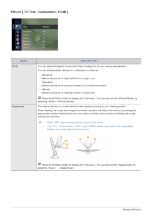 Page 363-5Using the Product
Picture [ TV / Ext. / Component / HDMI ] 
MENUDESCRIPTION
Mode You can select the type of picture which best corresponds to your viewing requirements.
You can activate either ,  or .
• 
Selects the picture for high-definition in a bright room.
• 
Selects the picture for optimum display in a normal environment.
•
Selects the picture for viewing movies in a dark room.
 Press the [TOOLS] button to display the Tools menu. You can also set the  by 
selecting →.
MagicAngle This feature...