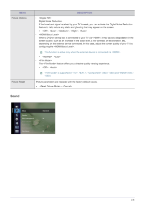 Page 39Using the Product3-5
Sound
Picture Options • 
Digital Noise Reduction. 
If the broadcast signal received by your TV is weak, you can activate the Digital Noise Reduction 
feature to help reduce any static and ghosting that may appear on the screen.
•  -  -  -  - 
• 
When a DVD or set-top box is connected to your TV via , it may cause a degradation in the 
screen quality, such as an increase in the black level, a low contrast, or discoloration, etc., 
depending on the external device connected. In this...