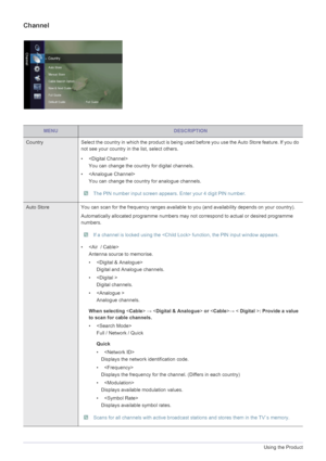 Page 423-5Using the Product
Channel
MENUDESCRIPTION
Country Select the country in which the product is being used before you use the Auto Store feature. If you do 
not see your country in the list, select others.
• 
You can change the country for digital channels.
• 
You can change the country for analogue channels. 
 The PIN number input screen appears. Enter your 4 digit PIN number. 
Auto Store You can scan for the frequency ranges available to you (and availability depends on your country). 
Automatically...