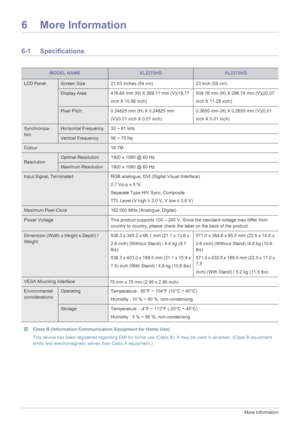 Page 646-1More Information
6 More Information
6-1 Specifications
 Class B (Information Communication Equipment for Home Use) 
This device has been registered regarding EMI for home use (Class B). It may be used in all areas. (Class B equipment 
emits less electromagnetic waves than Class A equipment.) 
 
MODEL NAMEXL2270HDXL2370HD
LCD PanelScreen Size 21.53 inches (54 cm) 23 inch (58 cm)
Display Area 476.64 mm (H) X 268.11 mm (V)(18.77
inch X 10.56 inch)509.76 mm (H) X 286.74 mm (V)(20.07
inch X 11.29 inch)...