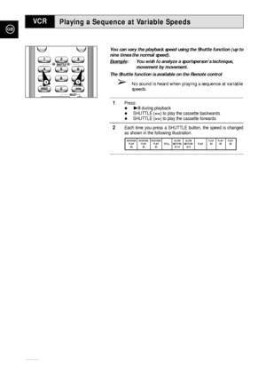 Page 38Playing a Sequence at Variable Speeds
GB
38
VCR
You can vary the playback speed using the Shuttle function (up to
nine times the normal speed).
Example
: You wish to analyze a sportsperson’s technique,
movement by movement.
The Shuttle function is available on the Remote control
➢No sound is heard when playing a sequence at variable
speeds.
1Press:❿llduring playbackSHUTTLE () to play the cassette forwards
2Each time you press a SHUTTLE button, the speed is changed
as shown in the following...