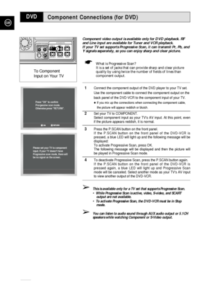 Page 52GB
52
Component Connections (for DVD)DVD
Component video output is available only for DVD playback. RF
and Line input are available for Tuner and VCR playback.
If your TV set supports Progressive Scan, it can transmit Pr, Pb, and
Y signals separately, so you can enjoy sharp and clear picture.
☛What is Progressive Scan?
It is a set of jacks that can provide sharp and clear picture 
quality by using twice the number of fields of lines than 
component output.
1Connect the component output of the DVD player...