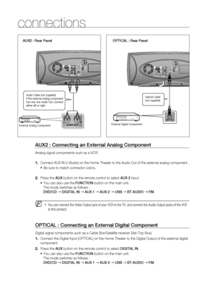 Page 22


connections

AUX2 : Connecting an External Analog Component
Analog signal components such as a VCR. 
  
  Connect AUX IN 2 (Audio) on the Home Theater to the Audio Out of the external analog component.
 
Be sure to match connector colors.
 
 
Press the 
AUX button on the remote control to select AUX 2 input. 
You can also use the FUNCTION button on the main unit. 
The mode switches as follows :  
DVD/CD   DIgITA l IN  AUX 1  AUX 2  USB  BT AUDIO  FM.
  
You can connect the Video Output...