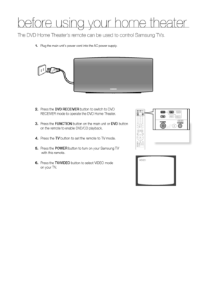 Page 24
4

before using your home theater
The DVD Home Theater's remote can be used to control Samsung TVs.
Plug the main unit's power cord into the AC power supply.
Press the DVD rECEIVEr button to switch to DVD 
RECEIVER mode to operate the DVD Home Theater.
 
Press the FUNCTION button on the main unit or DVD button 
on the remote to enable DVD/CD playback.
Press the TV button to set the remote to TV mode.
Press the POWEr button to turn on your Samsung TV
 with this remote. 
Press the TV/VIDEO...